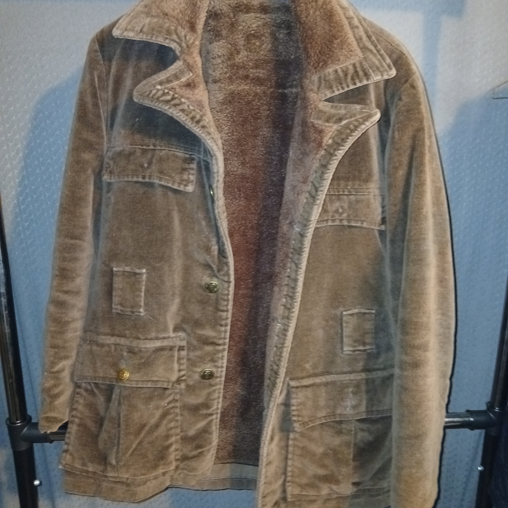 SOLD Men's Chocolate Corduroy Faux Fur Lined Coat 1960s Made In USA Read...